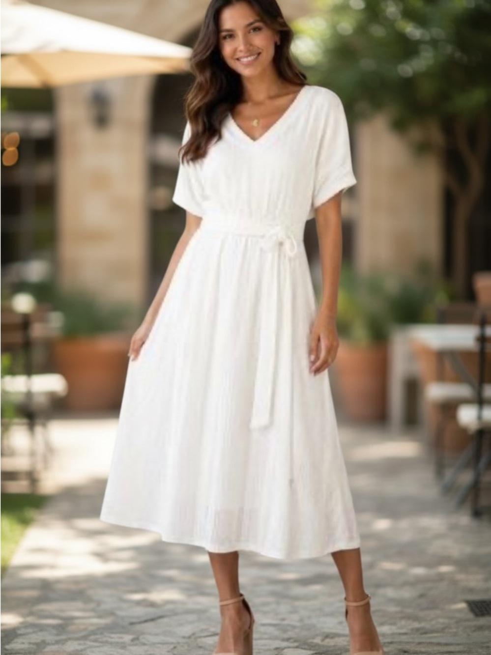 Aura NWT White Crochet V-Neck Tie-Waist Midi Dress